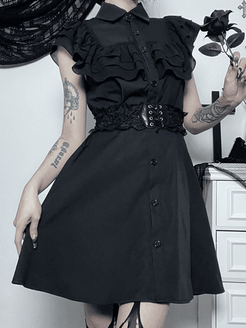 Black Ruffle Polo Neck Mini Dress - HouseofHalley