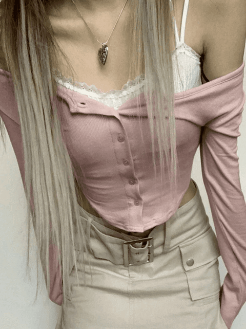 Lace Patchwork Pink Knit Crop Top - HouseofHalley