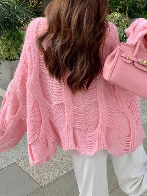 Solid Cutout Loose Knit Sweater - HouseofHalley