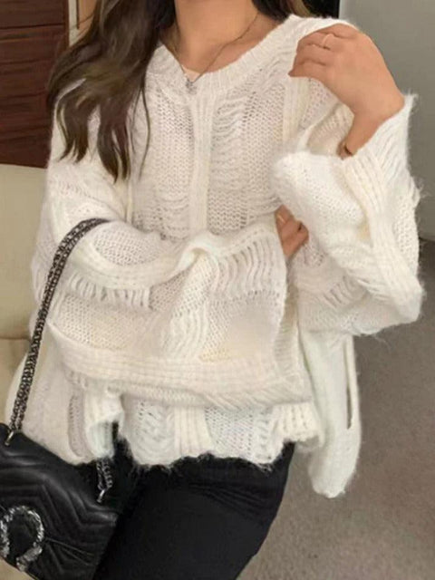 Solid Cutout Loose Knit Sweater - HouseofHalley