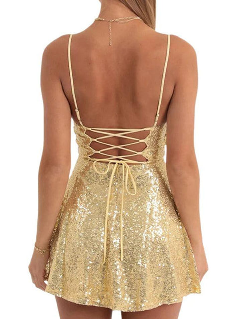 Sequin Backless Tie Up Mini Dress - HouseofHalley