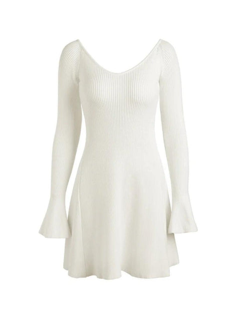 Solid V Neck Ribbed A-line Knit Mini Dress - HouseofHalley