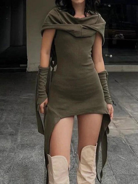 Hooded Stacked Irregular Hem With Sleeve Mini Dress - HouseofHalley