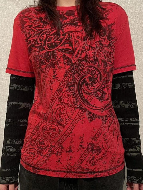 Vintage Graphic Print 2 In 1 Oversized Long Sleeve Tee - HouseofHalley