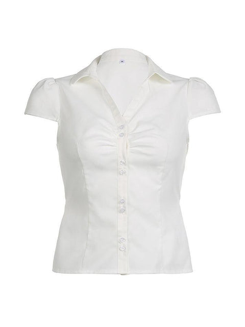 Short Sleeve V-Neck Plain Ruched Shirt - HouseofHalley