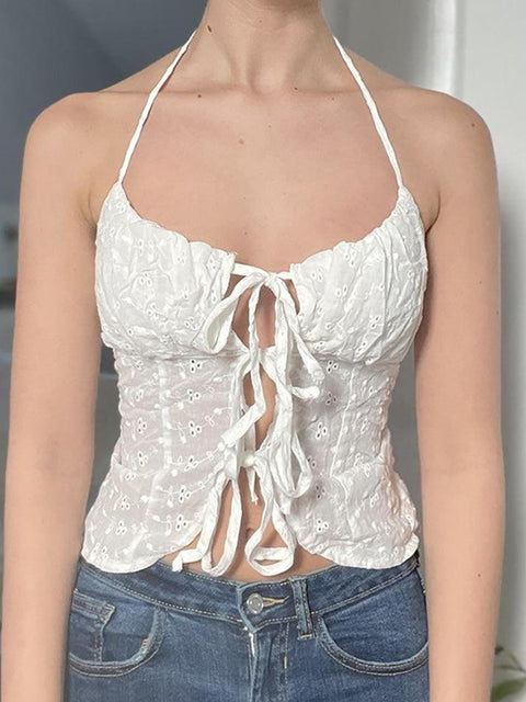 Halter Floral Embroidered Tie-Front Crop Camisole Top - HouseofHalley