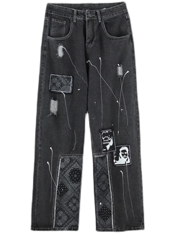 2023 Patchwork Paisley Print Boyfriend Jeans Black S in Jeans Online ...