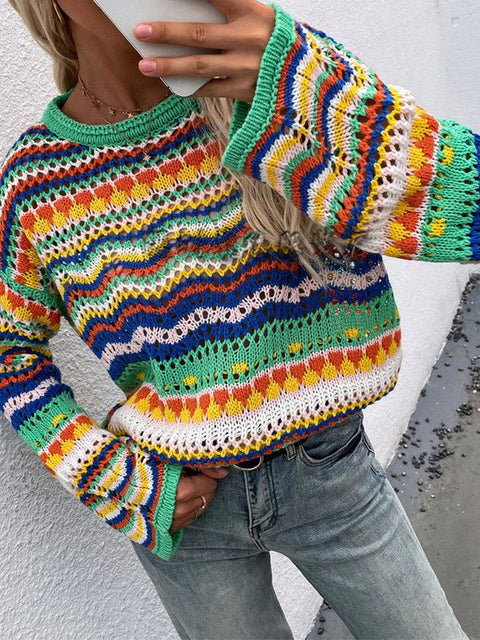 Rainbow Stripe Crochet Knit Sweater - HouseofHalley