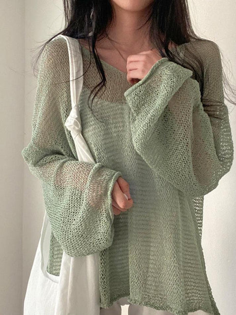 Oversized Long Sleeve Crochet Knit Top - HouseofHalley
