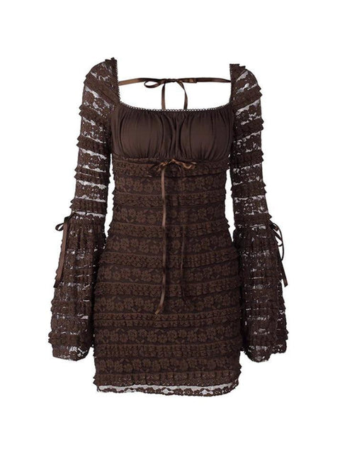 Solid Multi Layered Lace Square Neck Mini Dress - HouseofHalley