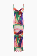 Abstract Cowl Neck Plisse Maxi Dress