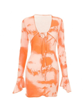 Abstract-Print Flared-Sleeve Tie Dress