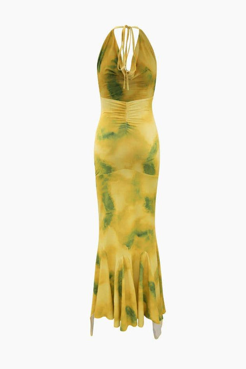 Abstract Print Halter Neck Ruffle Maxi Dress - HouseofHalley