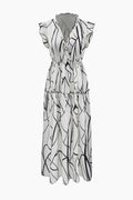 Abstract Stripe Frill Trim Maxi Dress