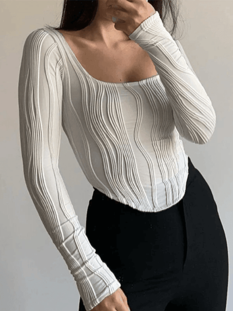 Asymmetric Creped White Long Sleeve Crop Top - HouseofHalley
