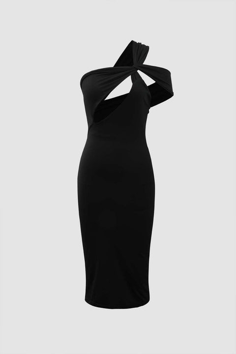 Asymmetric Shoulder Cut Out Midi Dress - HouseofHalley