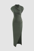 Asymmetric Wrap Ruched Sleeveless Midi Dress