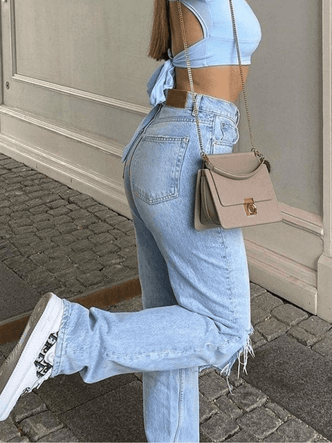 Blue Wash Straight Leg Knee Ripped Jeans - HouseofHalley