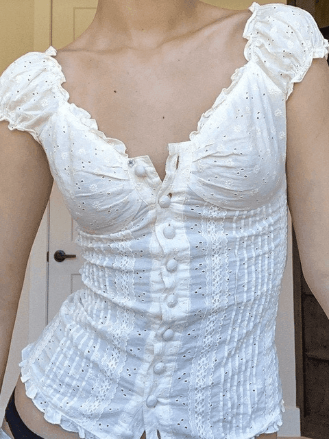 Button Down Broidered Lace Crop Blouse - HouseofHalley