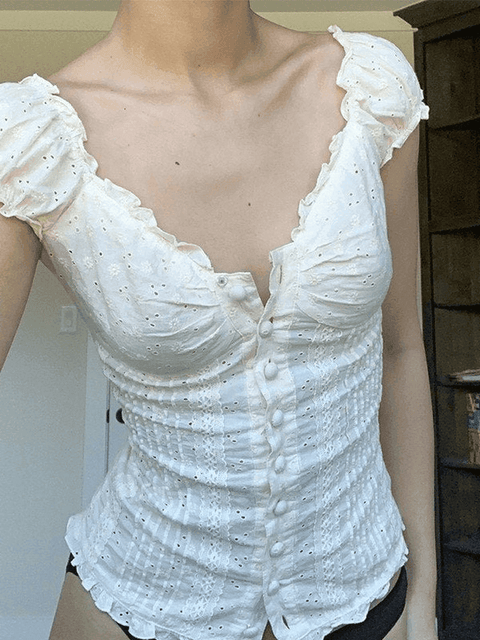 Button Down Broidered Lace Crop Blouse - HouseofHalley