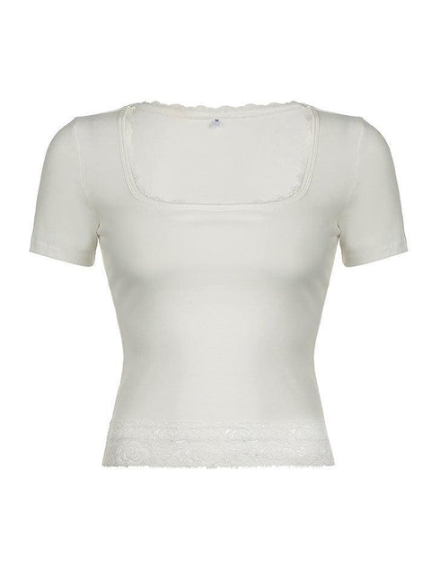 Lace Trim Splice Square Neck Crop Short Sleeve Tee - HouseofHalley