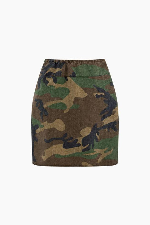 Camo Print Cap Sleeve Crop Shirt And Slit Mini Skirt Set - HouseofHalley