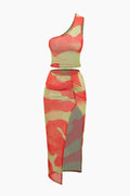 Color Block Mesh One Shoulder Top And Slit Skirt Set - HouseofHalley