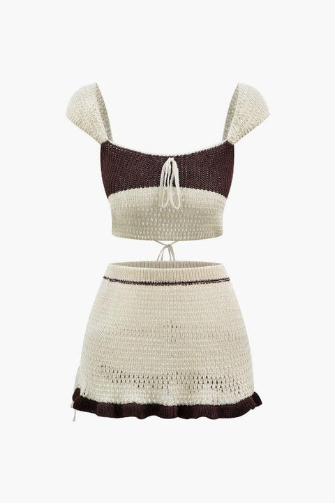 Color Block Tie Back Knit Crop Top And Mini Skirt Set - HouseofHalley
