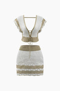Contrast Openwork Knit V-neck Top And Mini Skirt Set - HouseofHalley