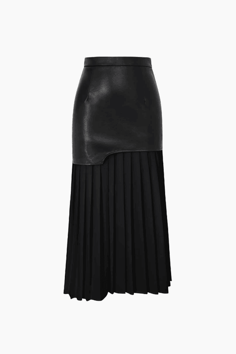 Contrast Pleated Faux Leather Midi Skirt - HouseofHalley