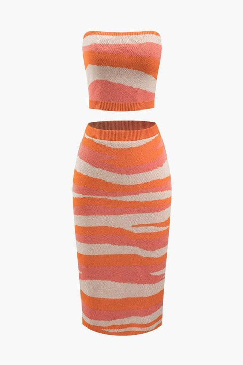 Contrast Stripe Knit Tube Top And Midi Skirt Set - HouseofHalley