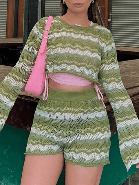 Crochet Knit Long Sleeve Two Piece Set - HouseofHalley