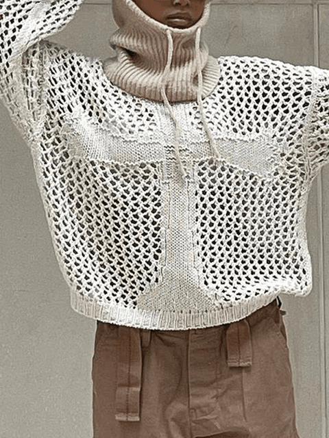 Cross Pattern Crochet Hollow Long Sleeve Knit Top - HouseofHalley