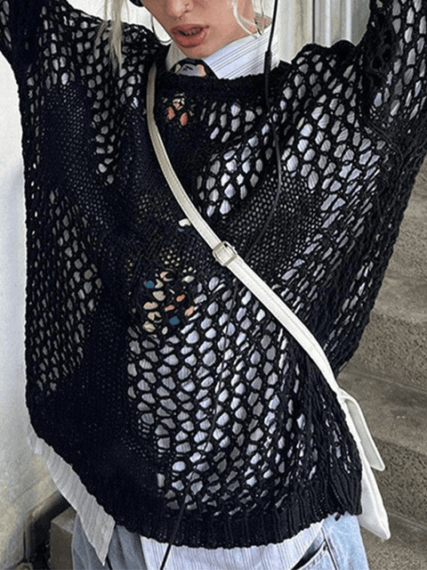 Cross Pattern Crochet Hollow Long Sleeve Knit Top - HouseofHalley