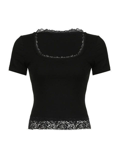 Lace Trim Splice Square Neck Crop Short Sleeve Tee - HouseofHalley