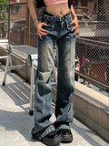 Distressed Burr Waist Buckle Design Boyfriend Jeans - HouseofHalley