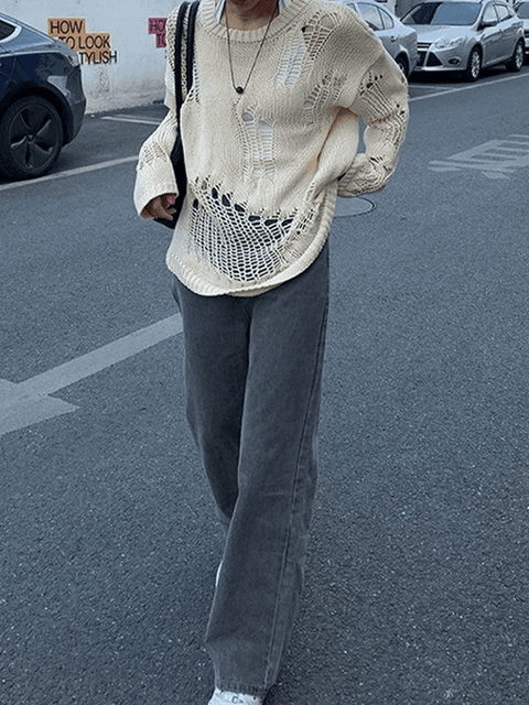 Distressed Crochet Knit Sweater - HouseofHalley