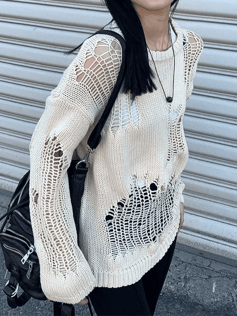 Distressed Crochet Knit Sweater - HouseofHalley