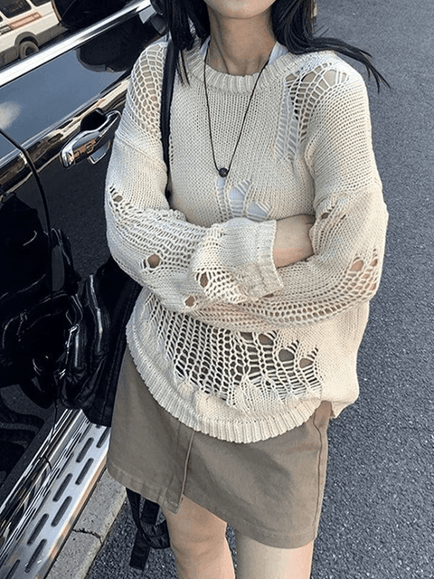 Distressed Crochet Knit Sweater - HouseofHalley