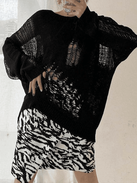 Distressed Crochet Knit Sweater - HouseofHalley