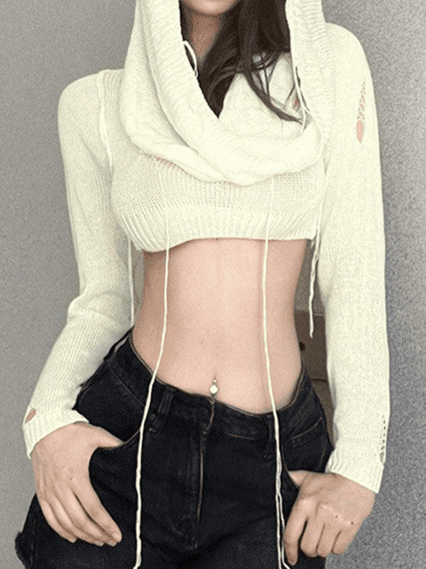 Distressed Hooded Knit Crop Top - HouseofHalley