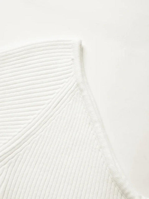 Solid V Neck Ribbed A-line Knit Mini Dress - HouseofHalley