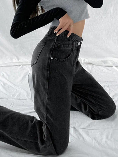 Vintage Crossover Waist High Rise Boyfriend Jeans - HouseofHalley