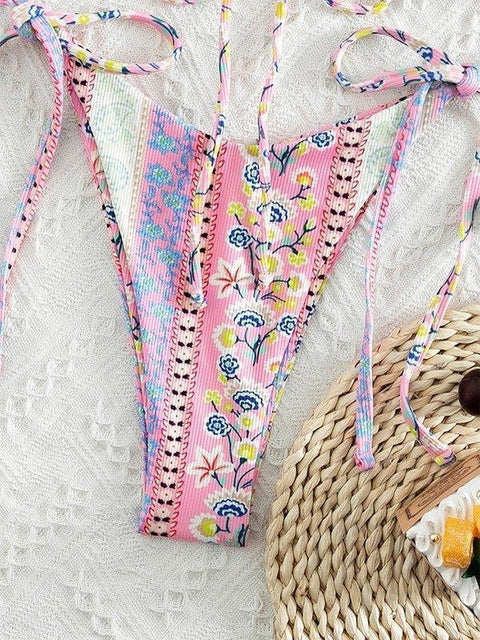 Ethnic Floral Lace Up Bikini Set - HouseofHalley