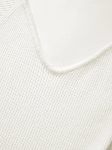 Solid V Neck Ribbed A-line Knit Mini Dress - HouseofHalley