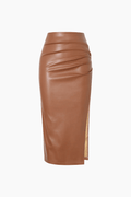 Faux Leather Ruched Slit Midi Skirt - HouseofHalley