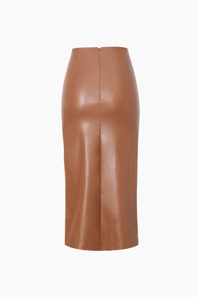 2024 Faux Leather Ruched Slit Midi Skirt Brown XL in Skirts Online ...
