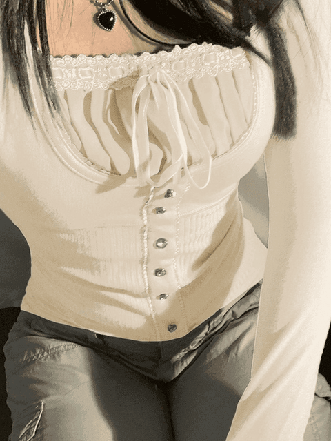 Fleece Bow-Neck Ribbed Lace Blouse - HouseofHalley