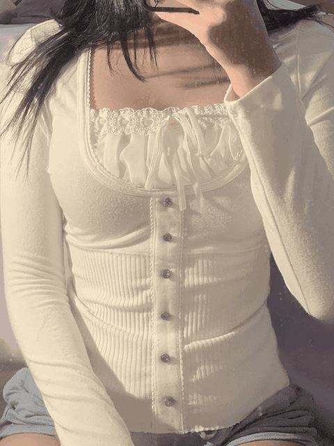 Fleece Bow-Neck Ribbed Lace Blouse - HouseofHalley