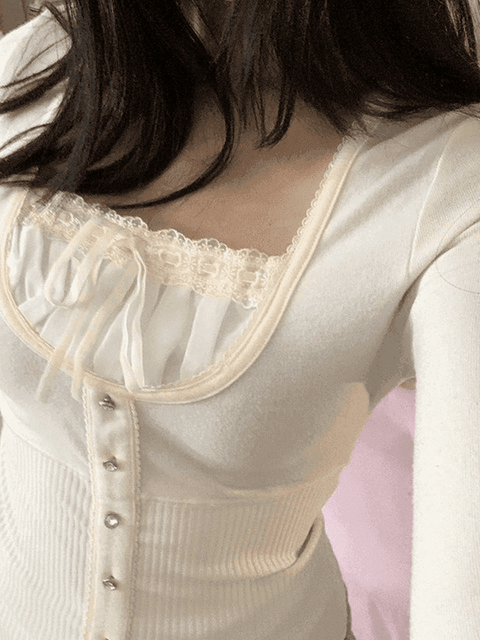 Fleece Bow-Neck Ribbed Lace Blouse - HouseofHalley